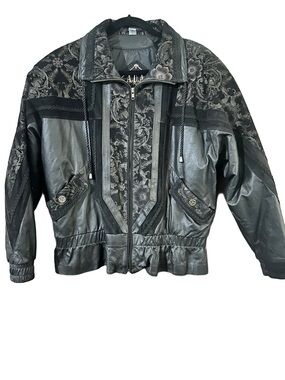 ADA Black Embossed Floral Vintage Leather Bomber Jacket Zip Up Size Large Moto
